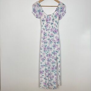 Hollister Women Milkmaid Floral Puff Sleeve Smocked Slit Maxi Dress Size XS Boho
